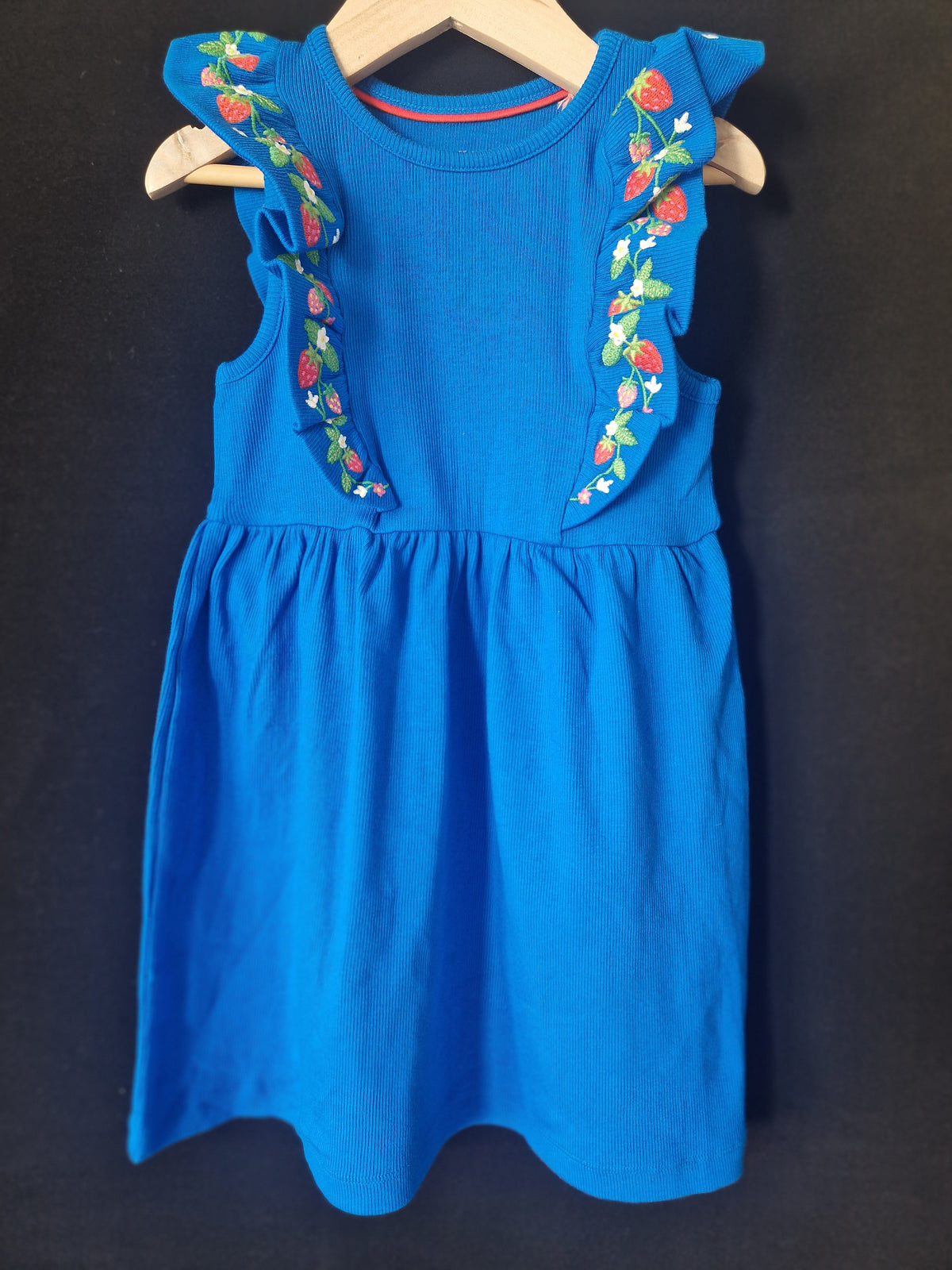 MINI BODEN Bright Blue Embroidered Frill Rib Dress
