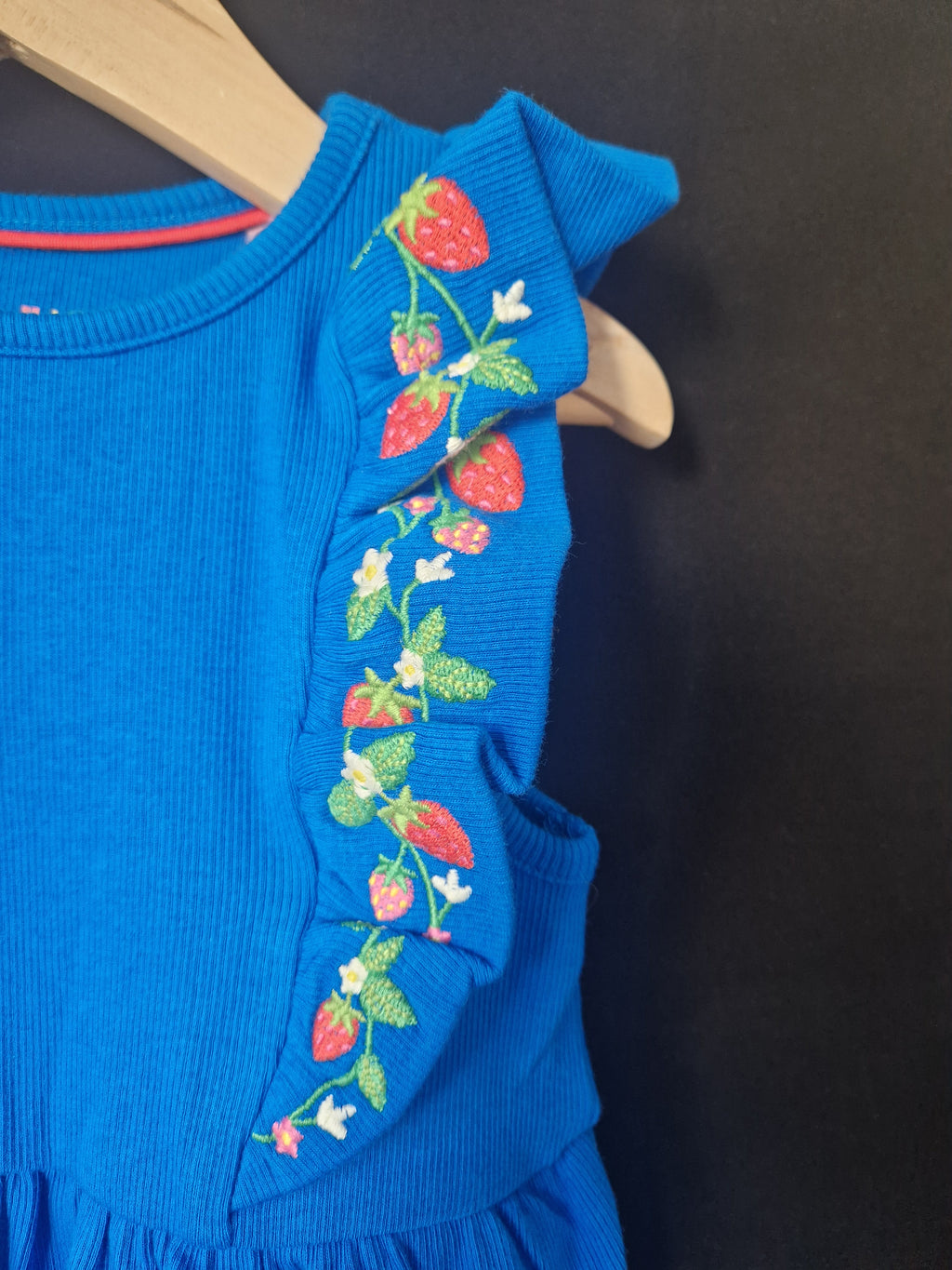 MINI BODEN Bright Blue Embroidered Frill Rib Dress